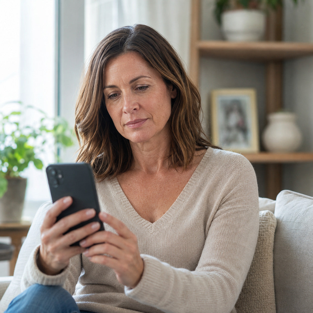 Vrouw vergelijkt haarfoto’s op haar mobiele telefoon